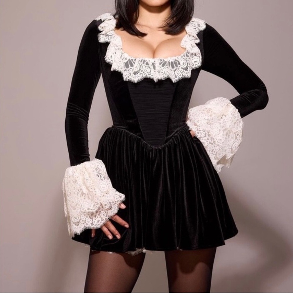House of CB CZARINA Black Velvet Lace Trimmed Mini Dress